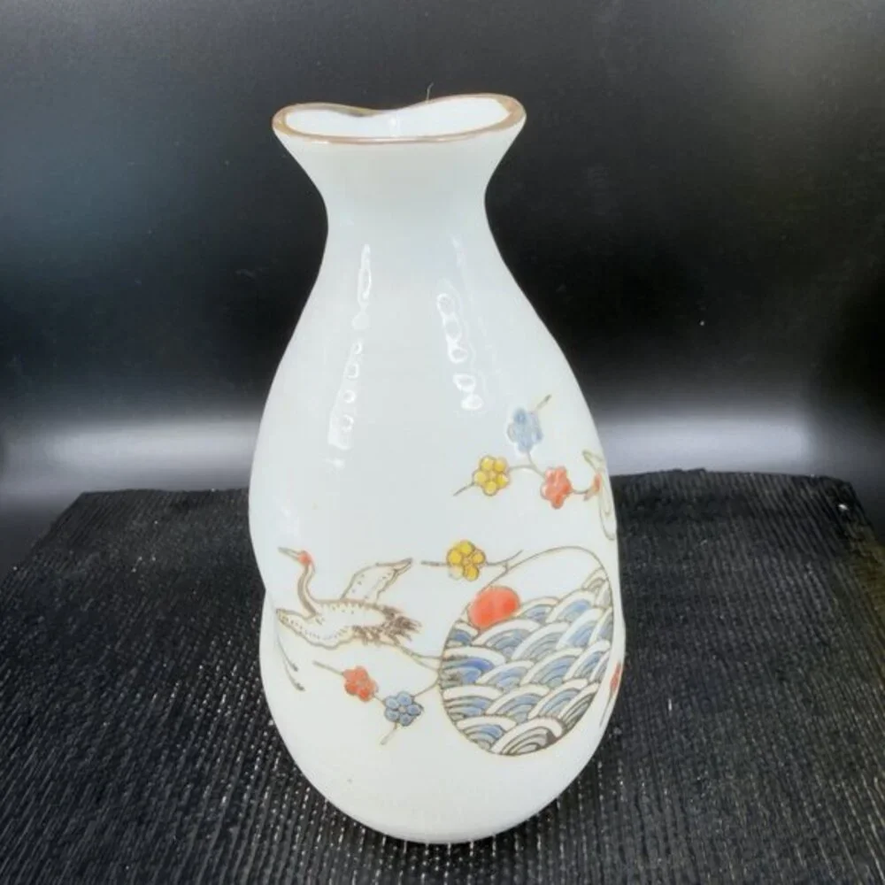 Japanese Ceramic Sake Set Bottle Jug Pitcher 3 Cups Stork Bird Pattern Stoneware
